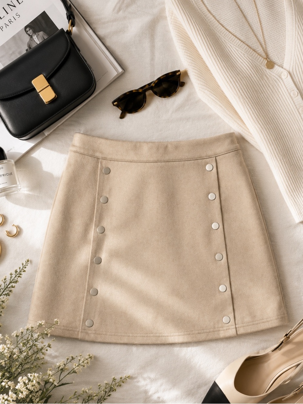 Fashion on Earth Neutral Beige Mini Skirt with Metallic Button Detail